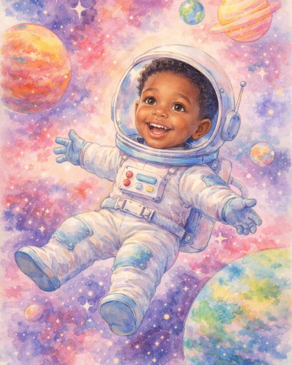 Child as astronaut floating in space in watercolor style