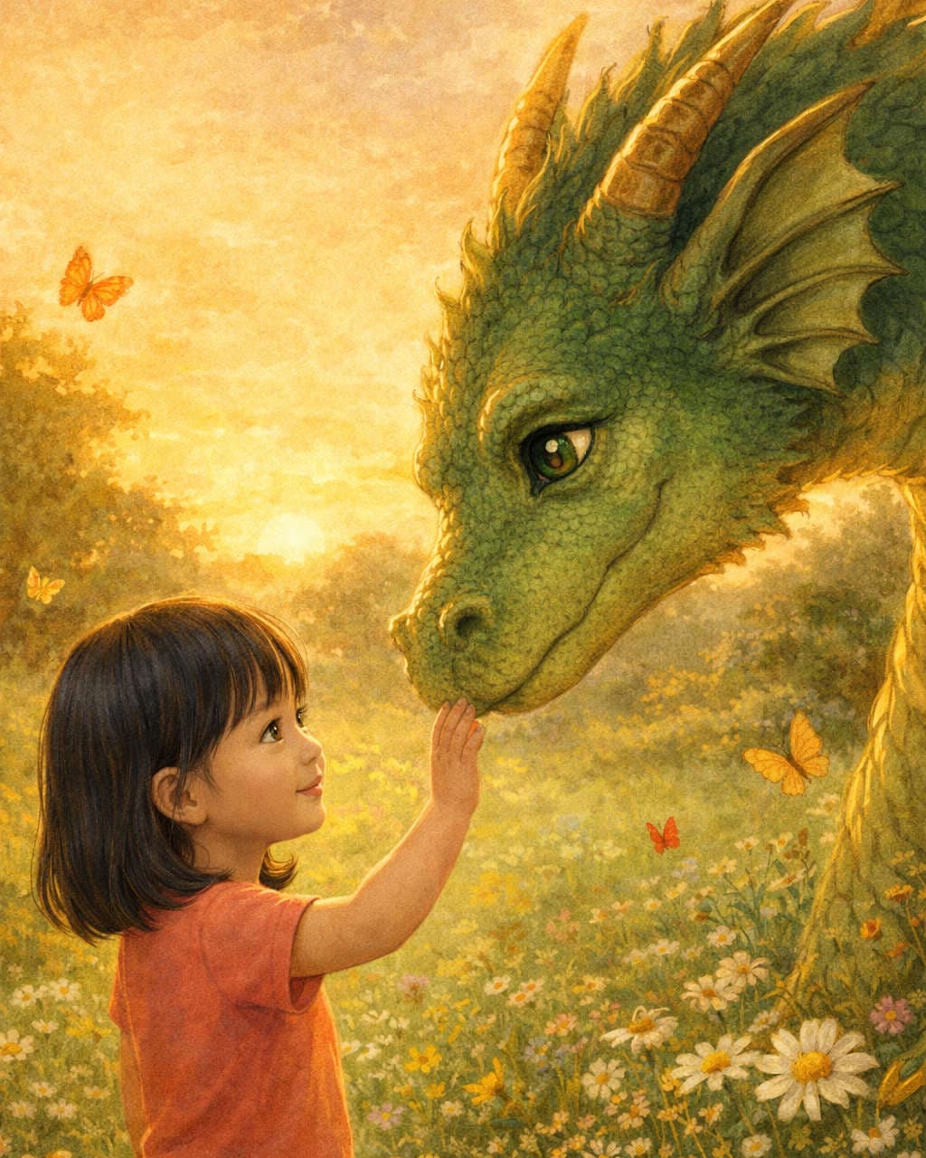 Child meeting a friendly dragon in classic storybook style