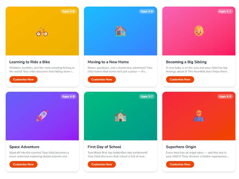 Story theme selection grid showing themed cards