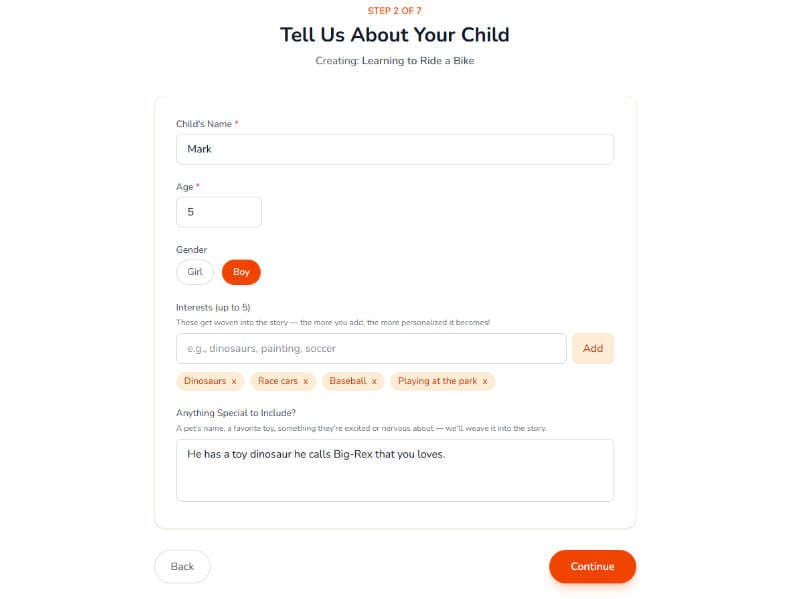 Wizard interface with name, interests, and photo upload fields